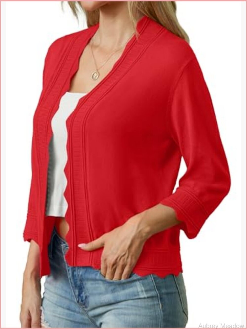 Lightweight Summer Cardigan 3/4 Sleeve Open Front Scalloped Trim Knit Sweater - Picture 3 of 5